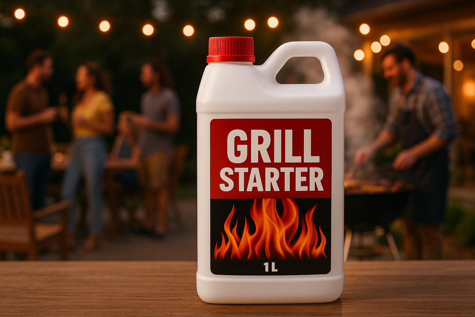 liquid in 1 liter container for grill starter in front and for background a barbacue party