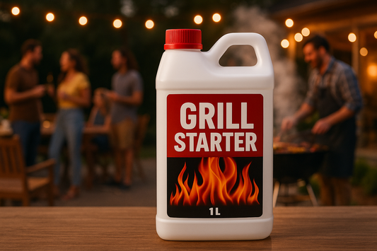 liquid in 1 liter container for grill starter in front and for background a barbacue party